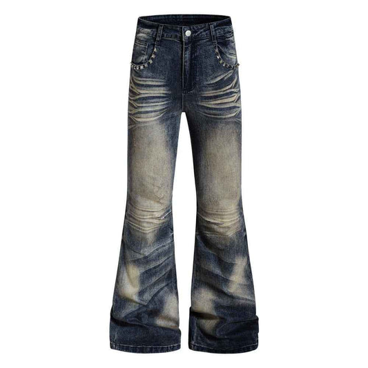Color blocking white washed denim bell bottom pants Blue