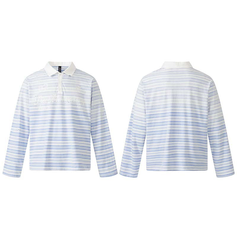 Letter printed gradient striped long sleeved polo shirt