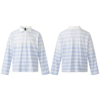 Letter printed gradient striped long sleeved polo shirt