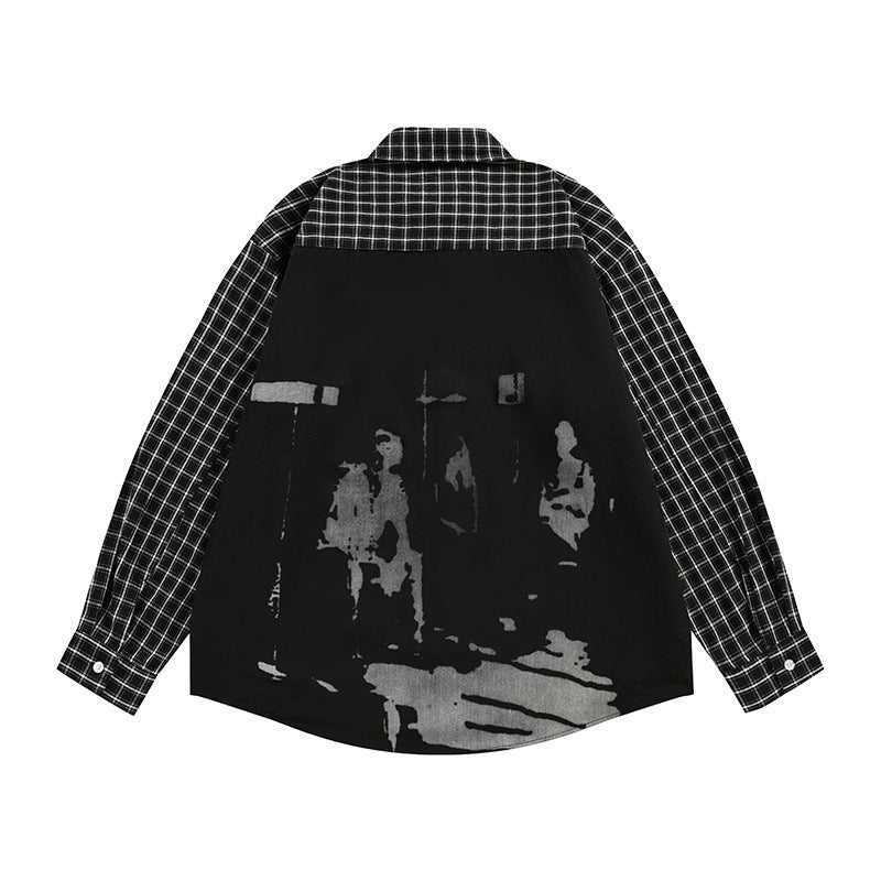 Men's Punk High Street Casual Spliced Color-Block Houndstooth Long Sleeve Lapel Shirt