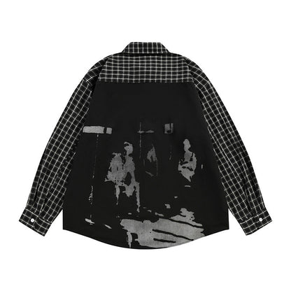 Men's Punk High Street Casual Spliced Color-Block Houndstooth Long Sleeve Lapel Shirt