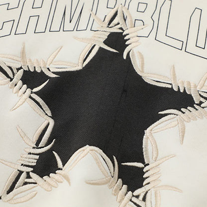 Star Embroidery Cropped Hoodie Loose Color-blocked Raglan Sleeve Pullover Hoodie