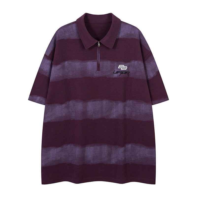 Letter Embroidery Stripe Half-Zip Flip Collar Short Sleeve T-Shirt For Men | MuddyStock Originals Purple MuddyStock
