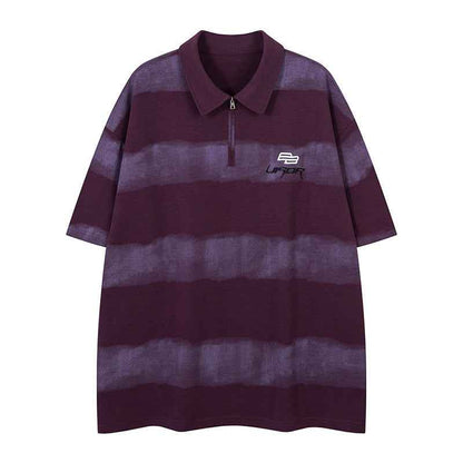 Letter Embroidery Stripe Half-Zip Flip Collar Short Sleeve T-Shirt For Men | MuddyStock Originals Purple MuddyStock