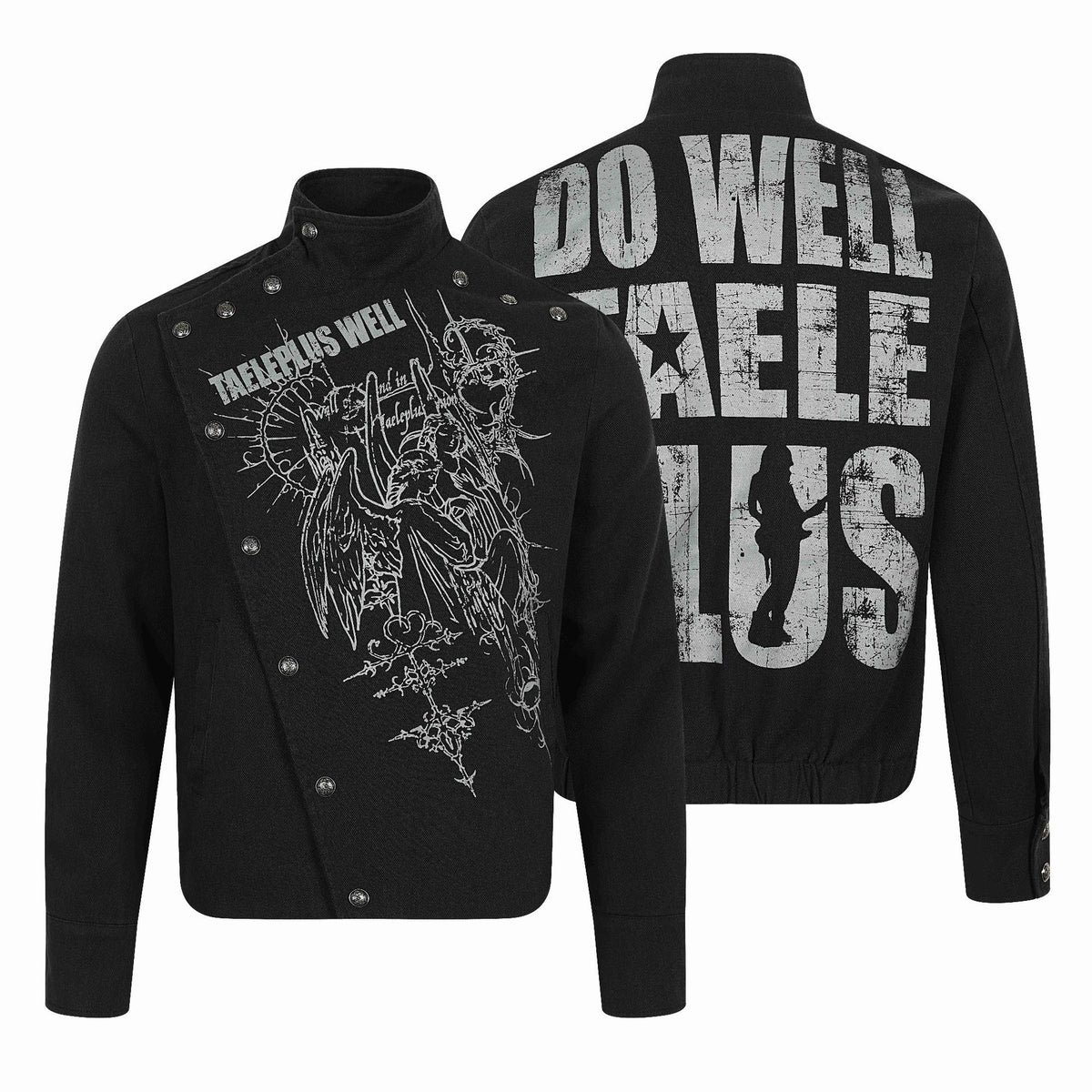 Rock Print Metal Snap Button Decorated Stand Collar Jacket