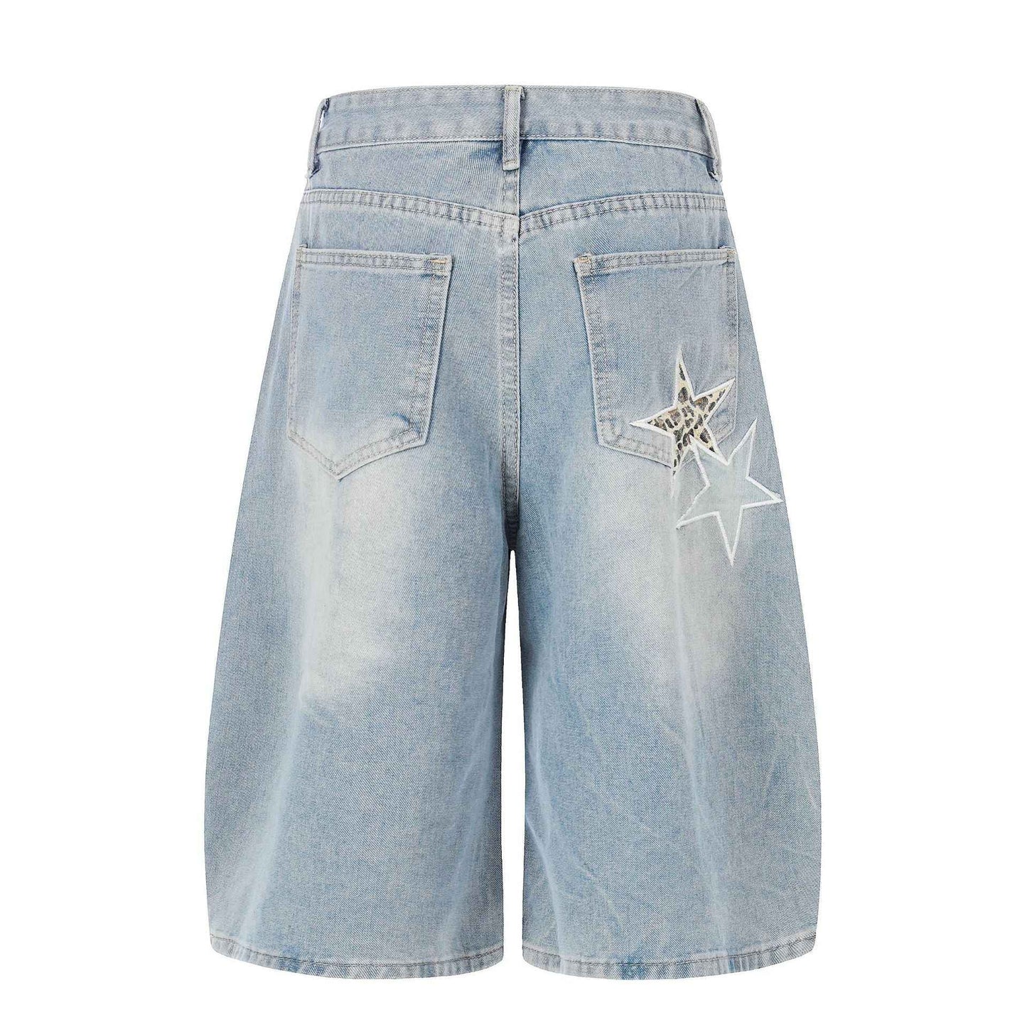 Distressed Leopard Print Star Denim Crop Pants, Loose Wide Leg Washed Casual Mid-Length Shorts