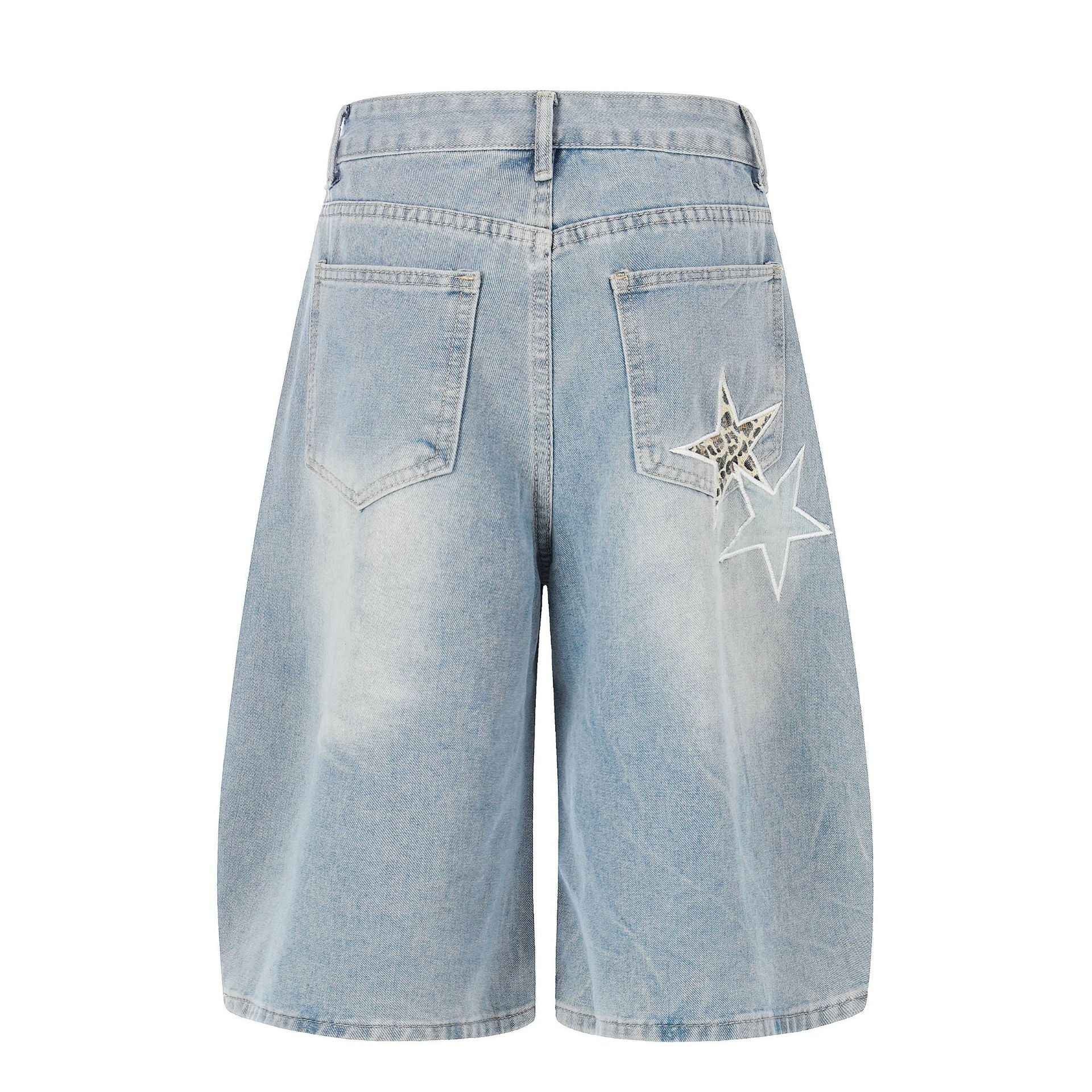 Distressed Leopard Print Star Denim Crop Pants, Loose Wide Leg Washed Casual Mid-Length Shorts