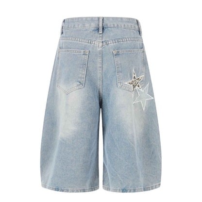 Distressed Leopard Print Star Denim Crop Pants, Loose Wide Leg Washed Casual Mid-Length Shorts