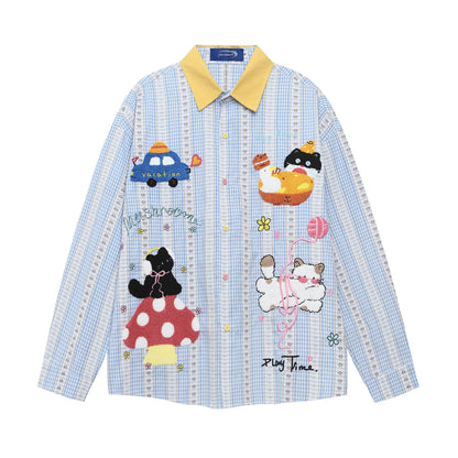 Color-Blocking Checkered Long Sleeve Shirt Men Loose Blue