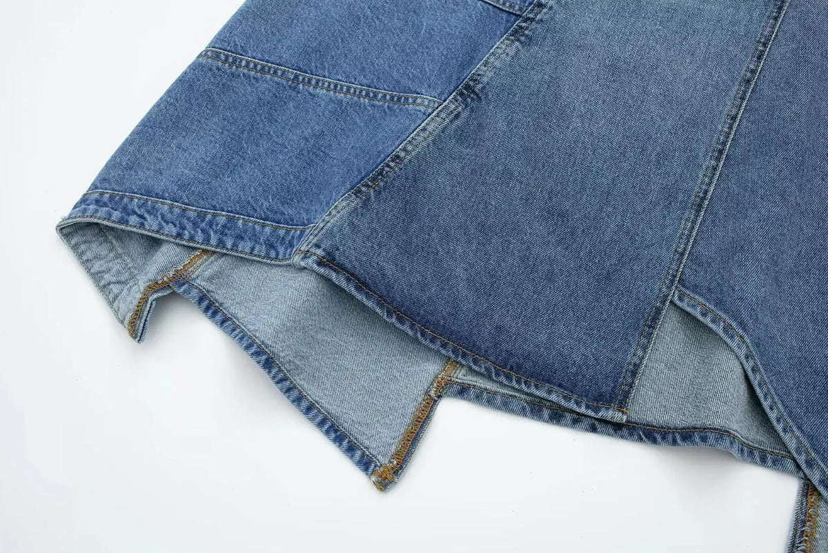 Vintage Blue Stitching Asymmetric Denim Skirt For Women | MuddyStock Originals