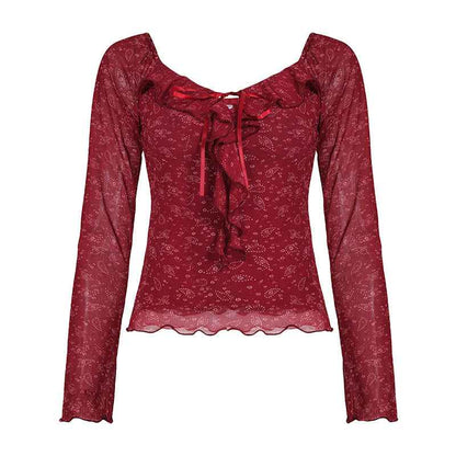 Jacquard square neck floral ruffle top for women | MuddyStock Originals Red MuddyStock