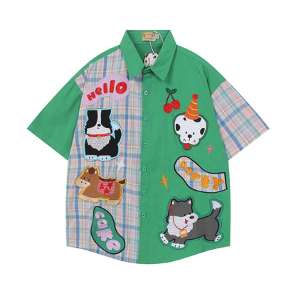 Color blocked dog design short sleeved shirt for women | MuddyStock Originals Green