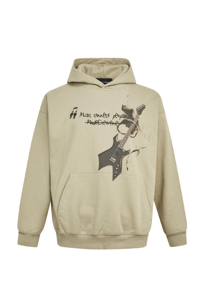 Rock Guitar Print Faded Hoodie Unique Lazy Pullover Jacket Gray-green eprolo