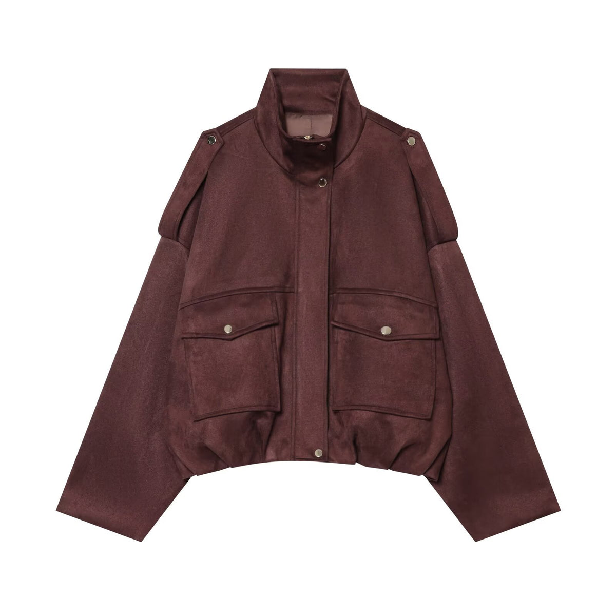 High neck long sleeved suede texture effect with strap decoration short jacket