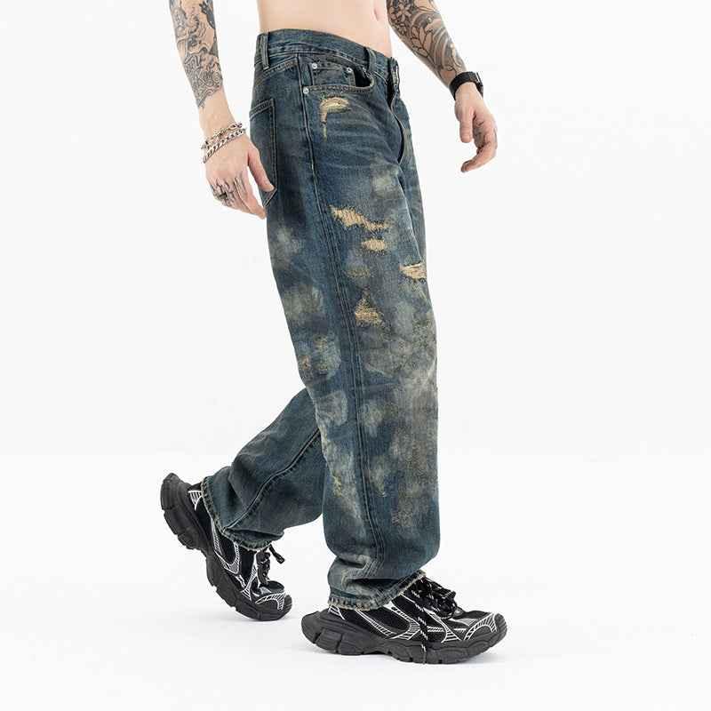 Men's High-End Distressed and Slashed Design Straight Jeans | MuddyStock Originals