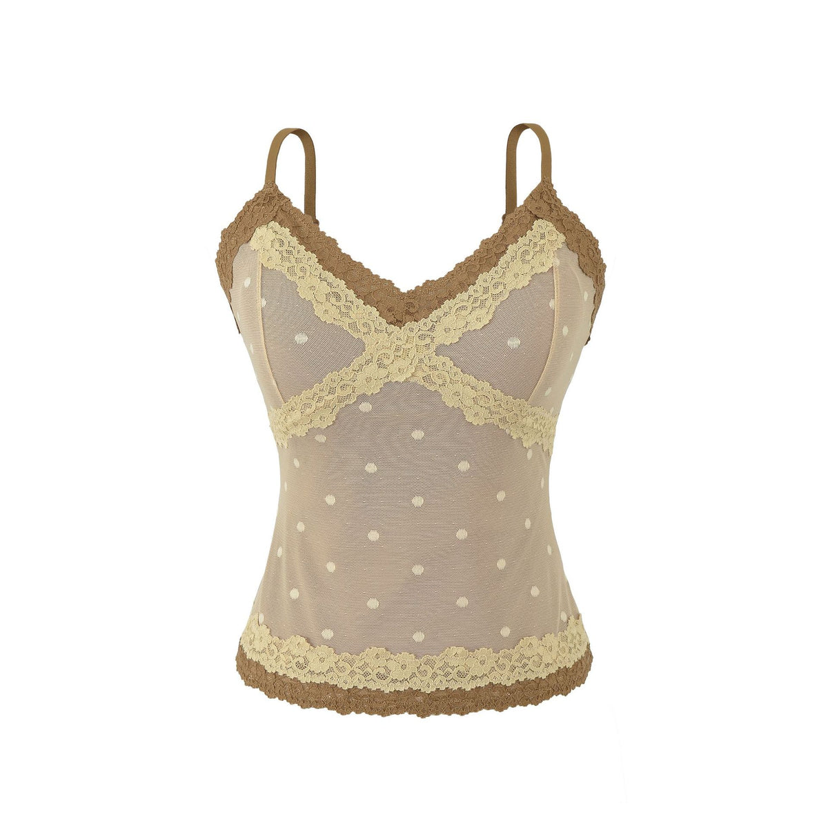 Polka Dot Lace Sleeveless Camisole Top with Built-in Pads Mocha