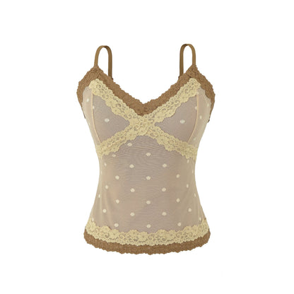 Polka Dot Lace Sleeveless Camisole Top with Built-in Pads Mocha