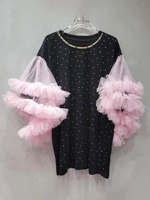 Women's loose T-shirt with spliced pink gauze | MuddyStock Originals Black One Size