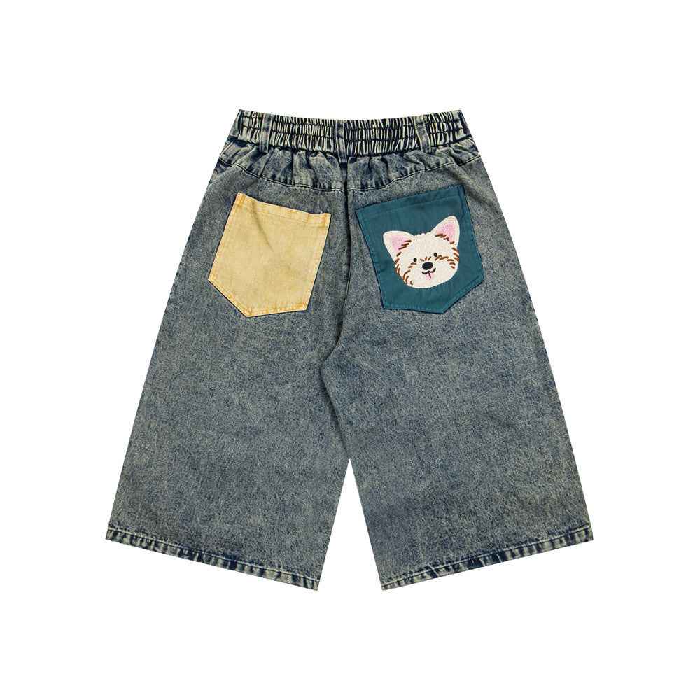 Denim shorts with contrasting colors, polished white, distressed