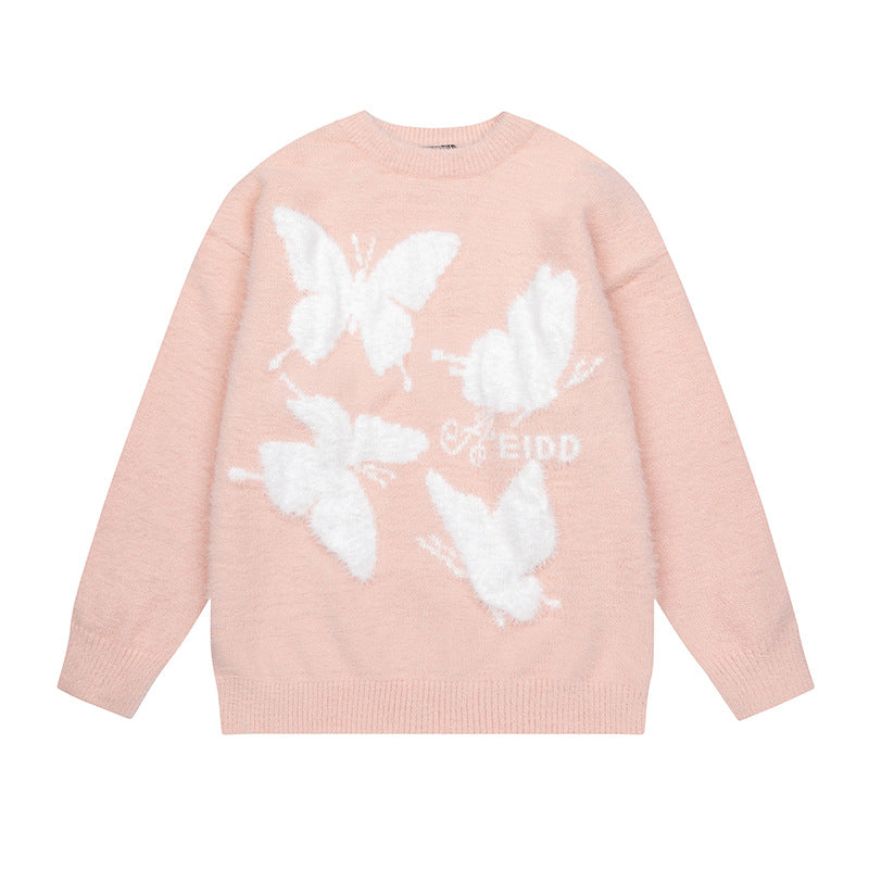 Butterfly jacquard round neck knitted sweater for women | MuddyStock Originals Pink MuddyStock