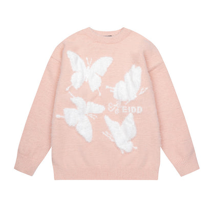 Butterfly jacquard round neck knitted sweater for women | MuddyStock Originals Pink MuddyStock