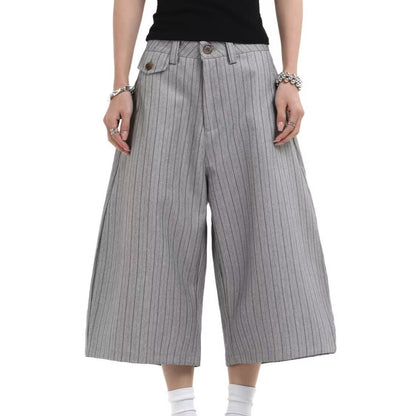 Gray Suit Shorts for Men, Retro Loose Casual Striped Seven-Quarter Pants Gray