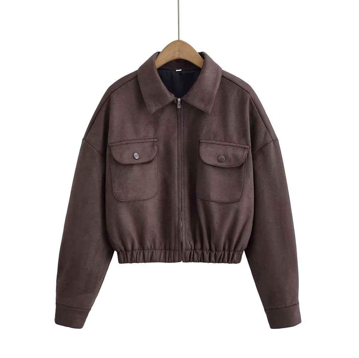 Flip collar pocket hem loose suede jacket for women | MuddyStock Originals Coffee Brown