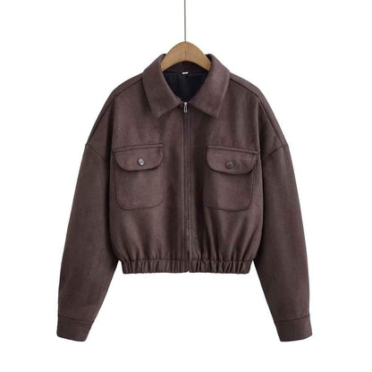 Flip collar pocket hem loose suede jacket for women | MuddyStock Originals Coffee Brown
