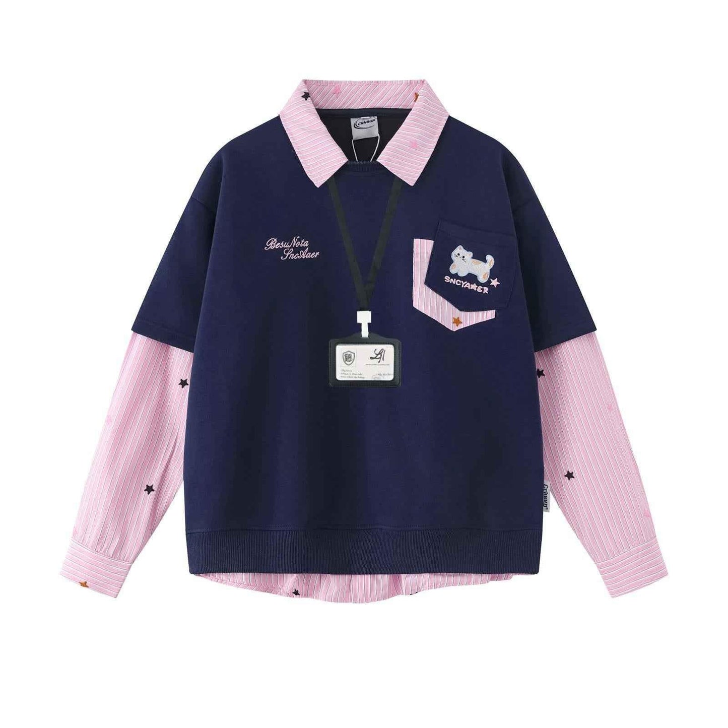 Kitten embroidered striped patchwork fake two-piece Shirt For Women | MuddyStock Originals Blue MuddyStock