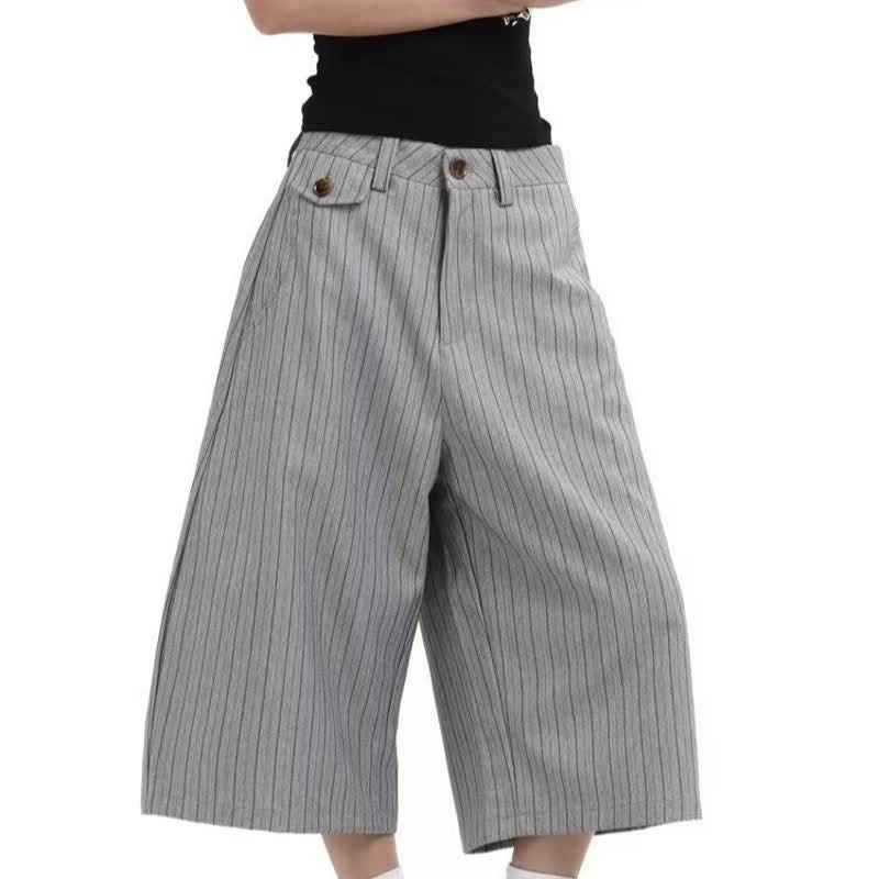 Gray Suit Shorts for Men, Retro Loose Casual Striped Seven-Quarter Pants