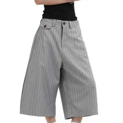 Gray Suit Shorts for Men, Retro Loose Casual Striped Seven-Quarter Pants