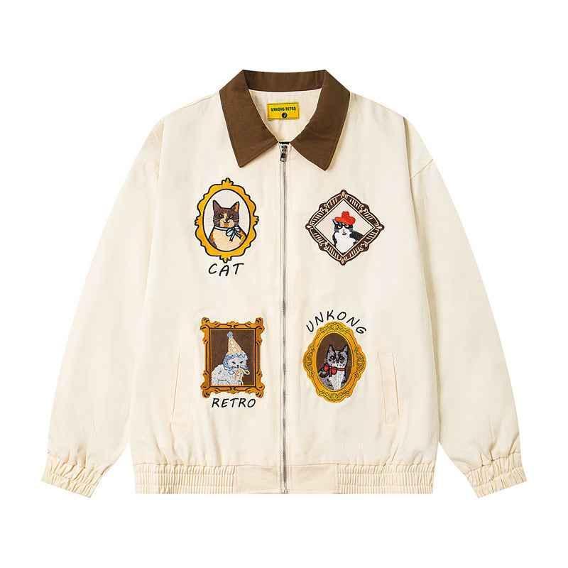 Chinoiserie Vintage Cat Embroidery Patchwork Jacket for Men and Women | MuddyStock Originals Apricot
