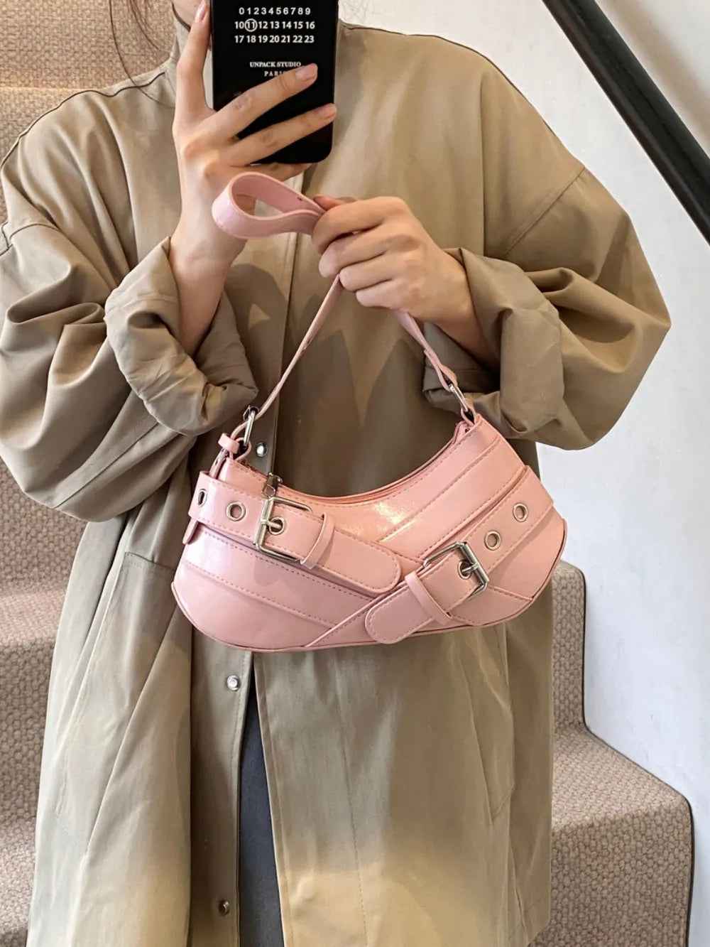 PU Leather Buckle Shoulder Bag | MuddyStock Originals Pink One Size