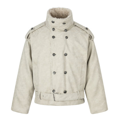 Double-Breasted Stand Collar Belted Relaxed Fit Men's Cotton Jacket Apricot