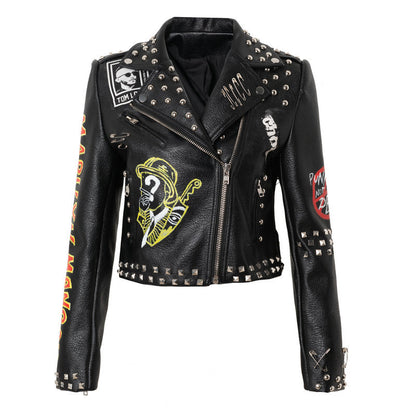 Slim-fit Studded Graffiti Pu Women's Print Contrast Jacket Black