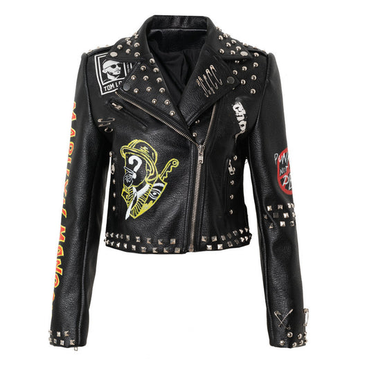 Slim-fit Studded Graffiti Pu Women's Print Contrast Jacket Black