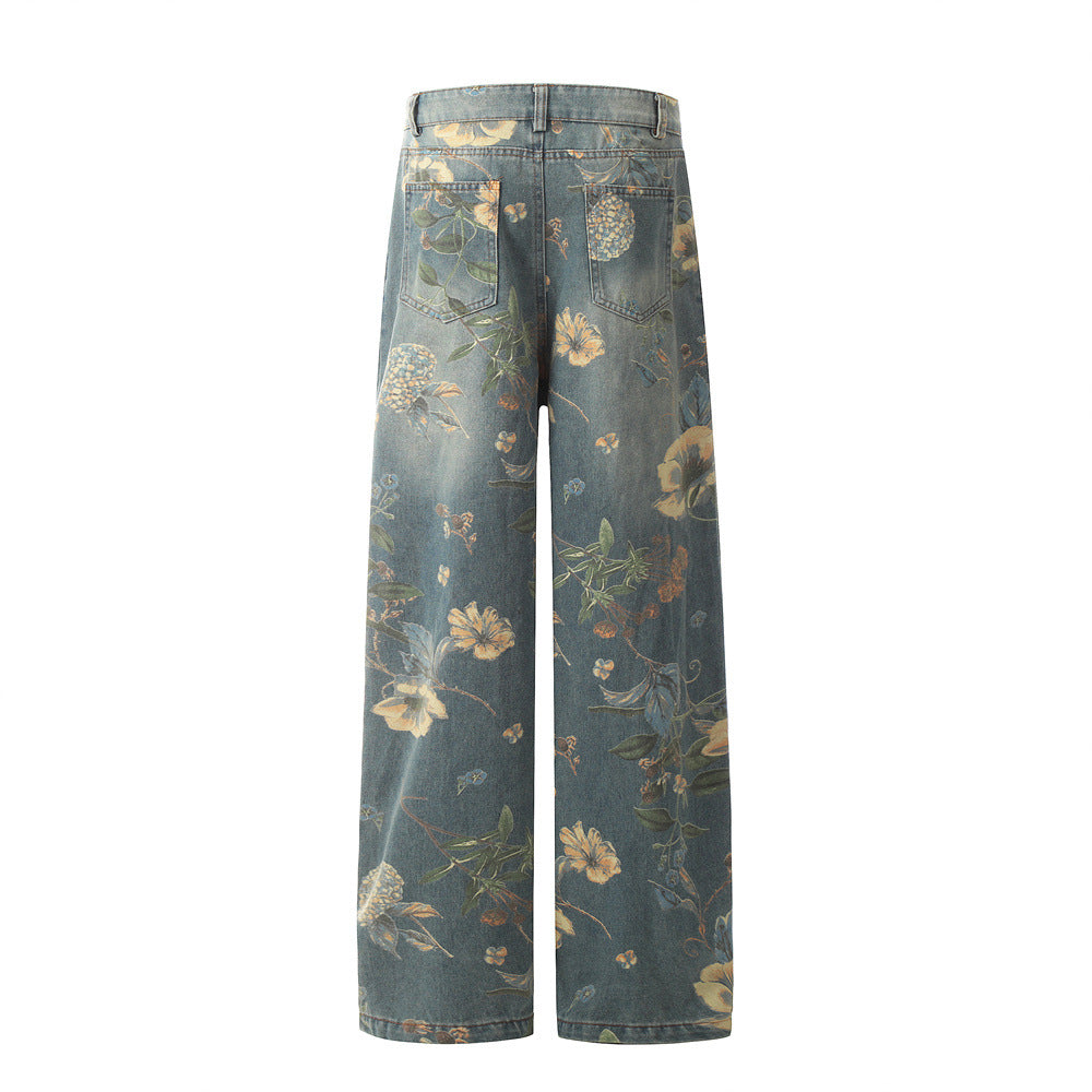 Men's Printed Niche Loose Wide Leg Denim Trousers MuddyStock