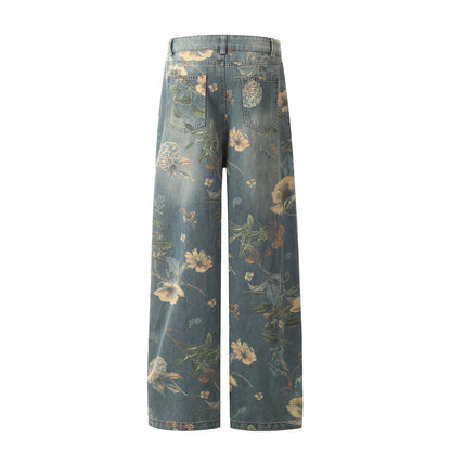 Men's Printed Niche Loose Wide Leg Denim Trousers MuddyStock