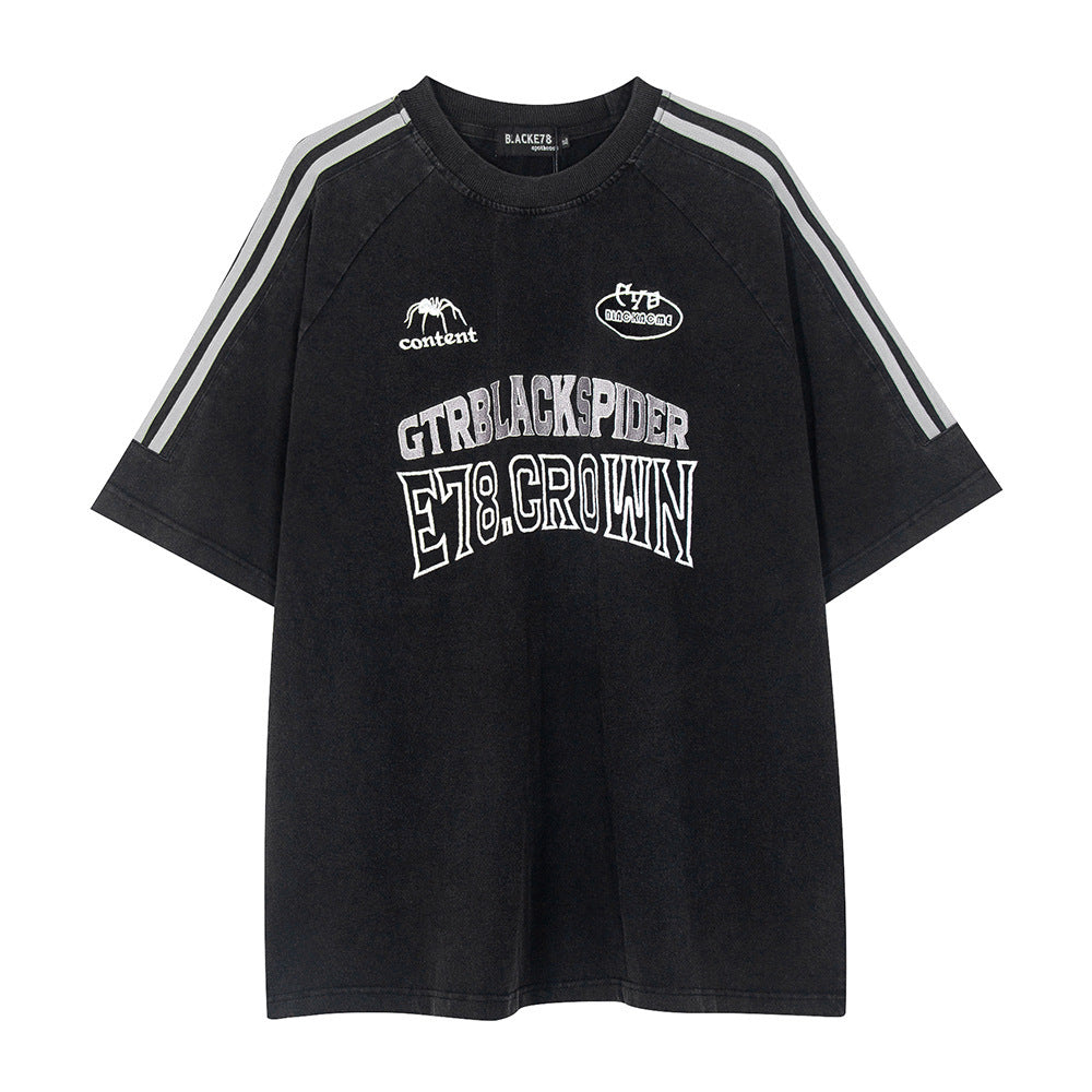 Men's Letter Embroidered Short-sleeved T-shirt Retro Black