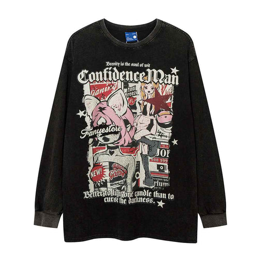 Cotton Washed And Worn Loose Long Sleeve Crew Neck T-shirt For Women null