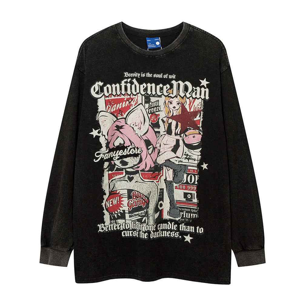 Cotton Washed And Worn Loose Long Sleeve Crew Neck T-shirt For Women Black null