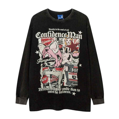 Cotton Washed And Worn Loose Long Sleeve Crew Neck T-shirt For Women Black null