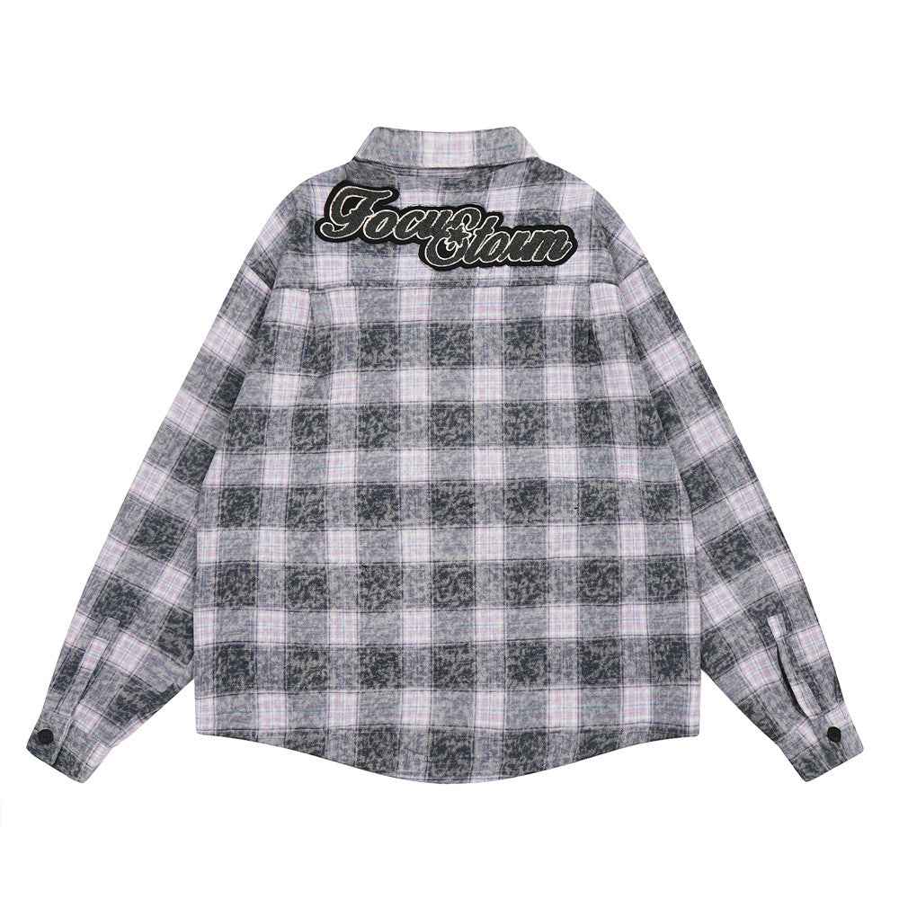 Washed And Worn Plaid Jacket Shirt For Men and Women null