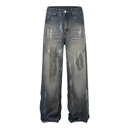 Retro Washed Distressed Graffiti Stitching Jeans Wide-leg Straight Trousers Blue MuddyStock