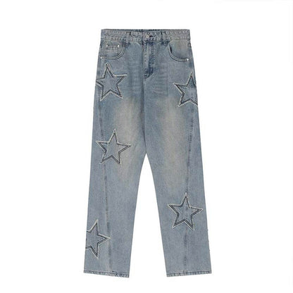 Street Trend Patch Pentagram Cat Whisker Embroidered Jeans Women MuddyStock