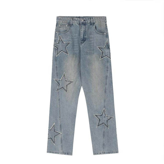 Street Trend Patch Pentagram Cat Whisker Embroidered Jeans Women MuddyStock
