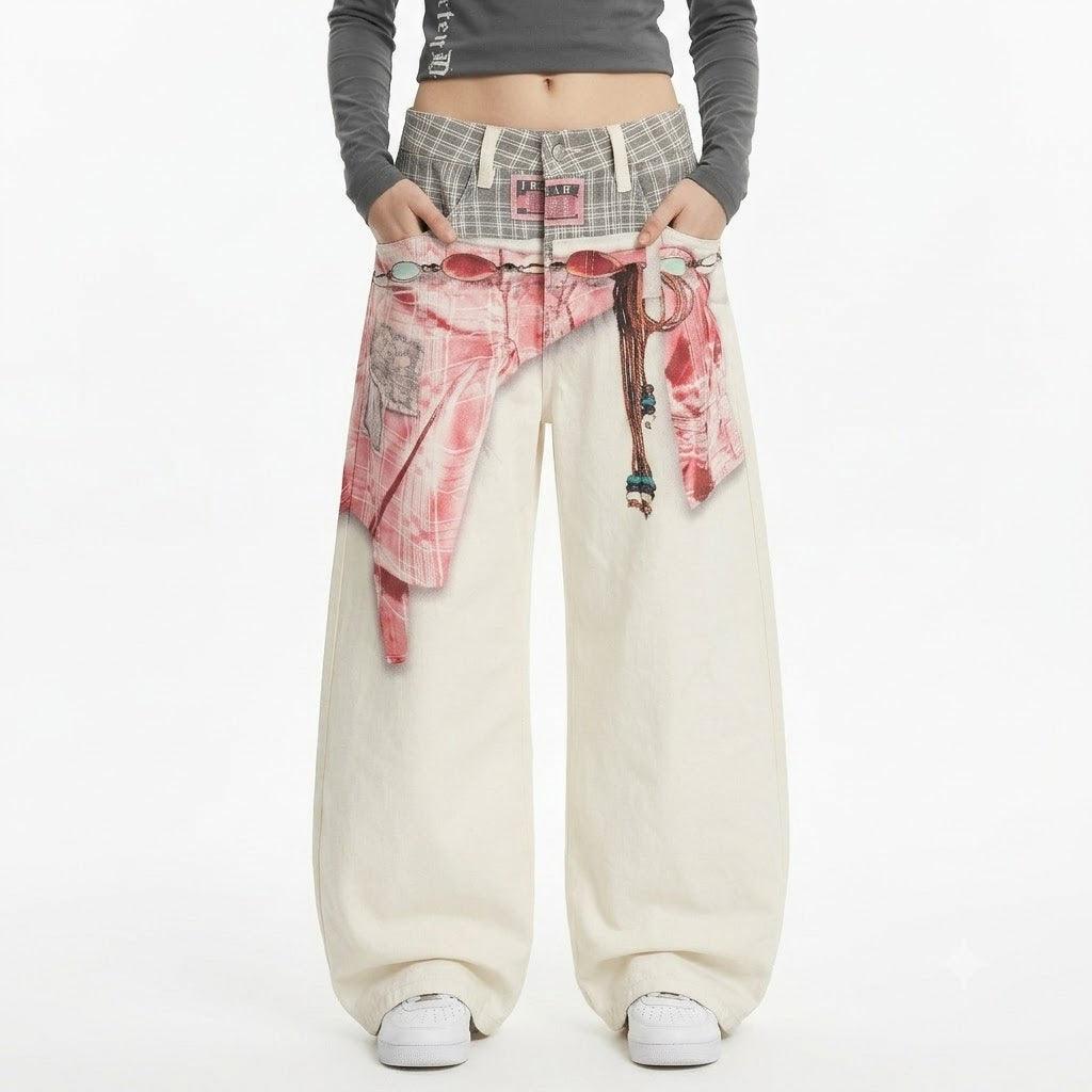 Street Retro High-End Scarf Print Design Loose Knife-Edge Jeans For Women | MuddyStock Originals