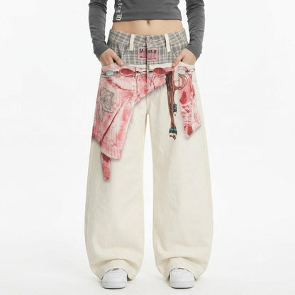 Street Retro High-End Scarf Print Design Loose Knife-Edge Jeans For Women | MuddyStock Originals