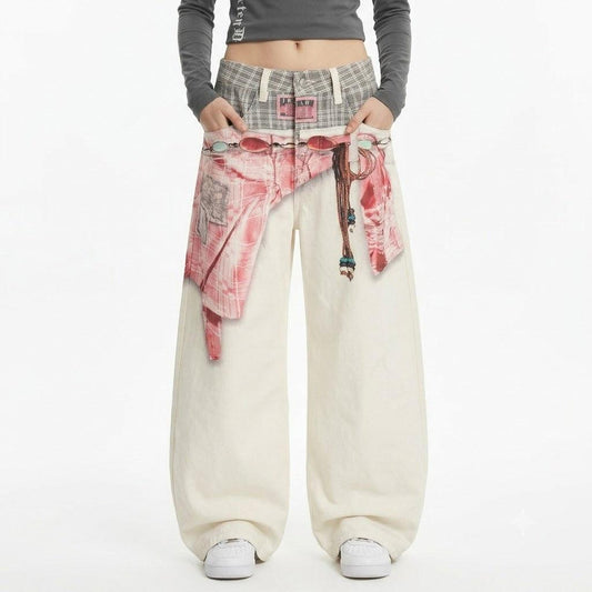 Street Retro High-End Scarf Print Design Loose Knife-Edge Jeans For Women | MuddyStock Originals