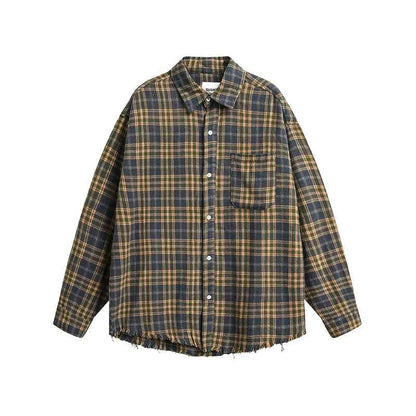 Vintage Brushed Plaid Long Sleeve Shirt For Men Yellow Gray Plaid null